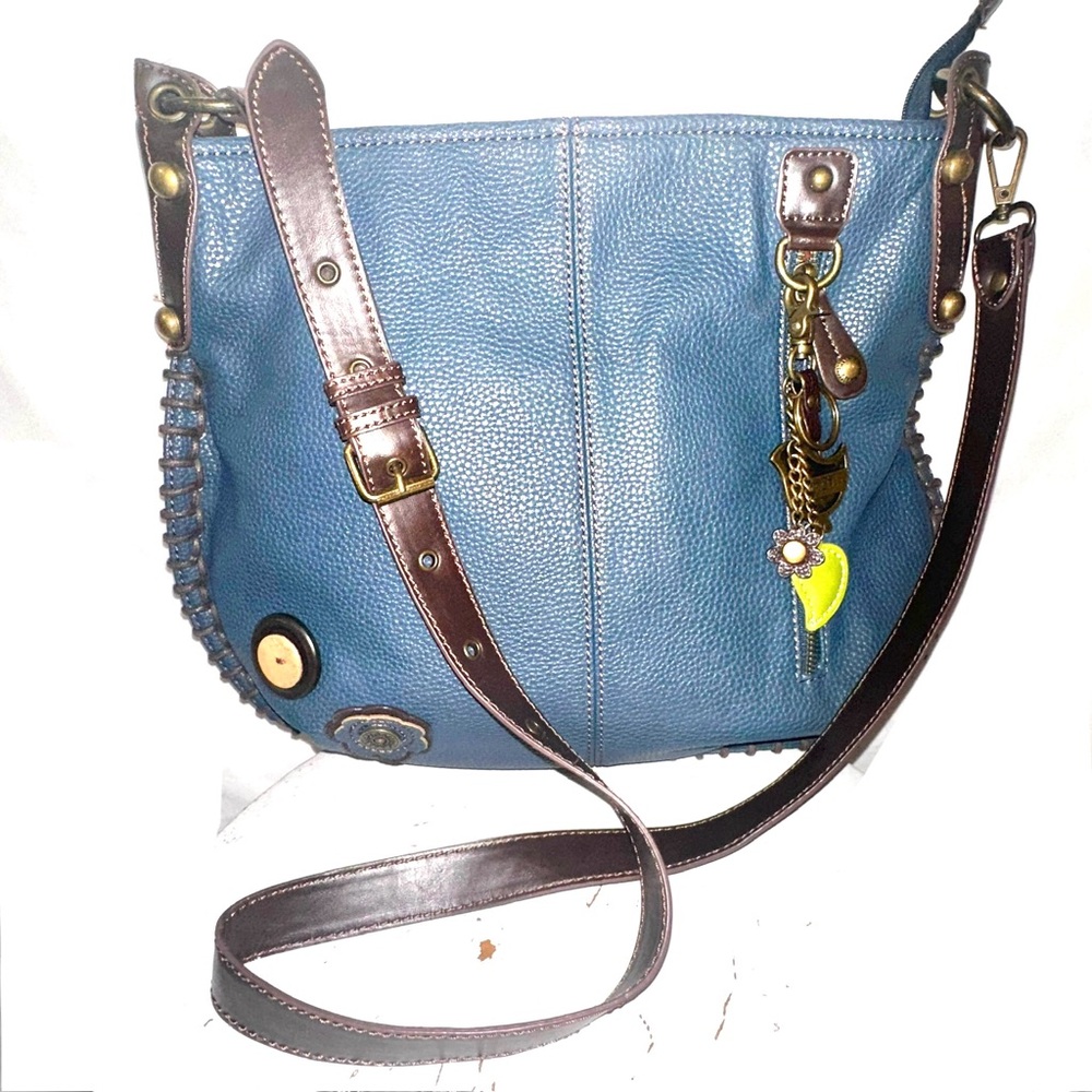 Chala Blue Hobo Crossbody Bag Metal Bird Charm Brown Trim Adjustable Strap